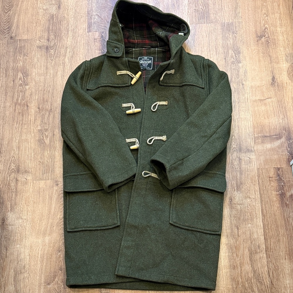 Vintage Gloverall Men's Hooded Duffle Pea Coat in Dark Olive